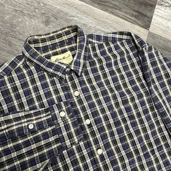 Vintage 90s Eddie Bauer Purple Green Tartan Plaid Men XL Button Up Flannel Shirt - Picture 1 of 7